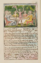 「笑う歌」、「イノセンスと経験の歌」からのプレート26 [ベントレー15] c.1789-94（ペンとインクとトイレタックを使ったダークブラウンのレリーフエッチング印刷）